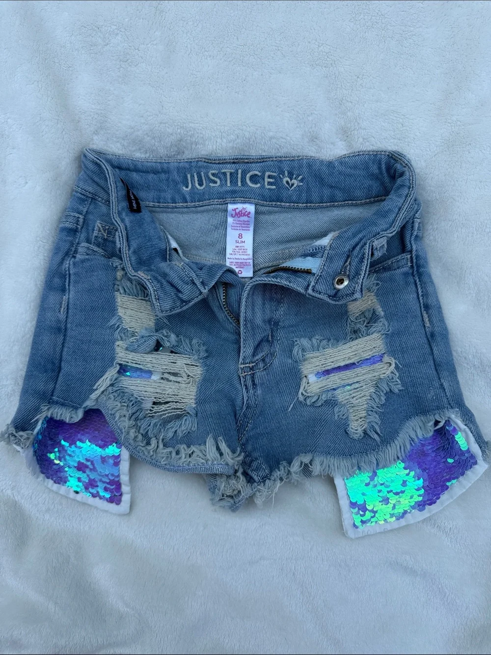 Justice Blue Distressed Denim Shorts with Iridescent Sequin Panels